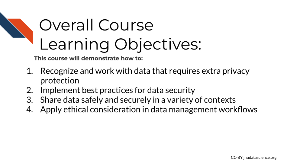 Overall Course Learning Objectives. This course will demonstrate how to: 1.Recognize and work with data that requires extra privacy protection, 2.Implement best practices for data security, 3.Share data safely and securely in a variety of contexts, 4. Apply ethical consideration in data management workflows