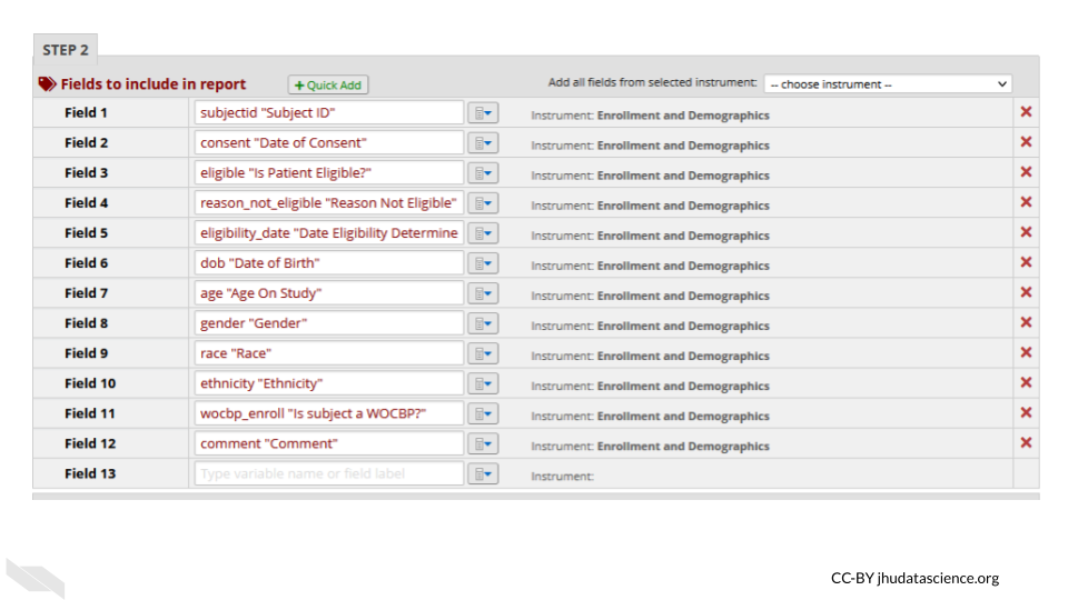 REDCap reports can be modified to remove identifiable information.