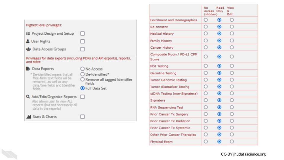 Menu items within the User Rights menu on REDcap