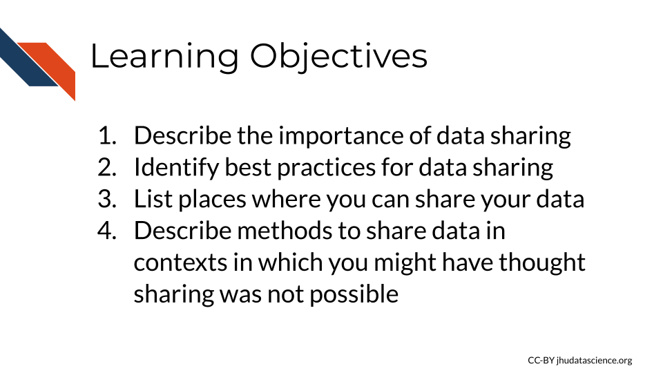Learning Objectives: 1.Describe the importance of data sharing, 2.Identify best practices for data sharing, 3.List places where you can store your data, 4. Describe methods to share data in contexts in which you might have thought sharing was not possible