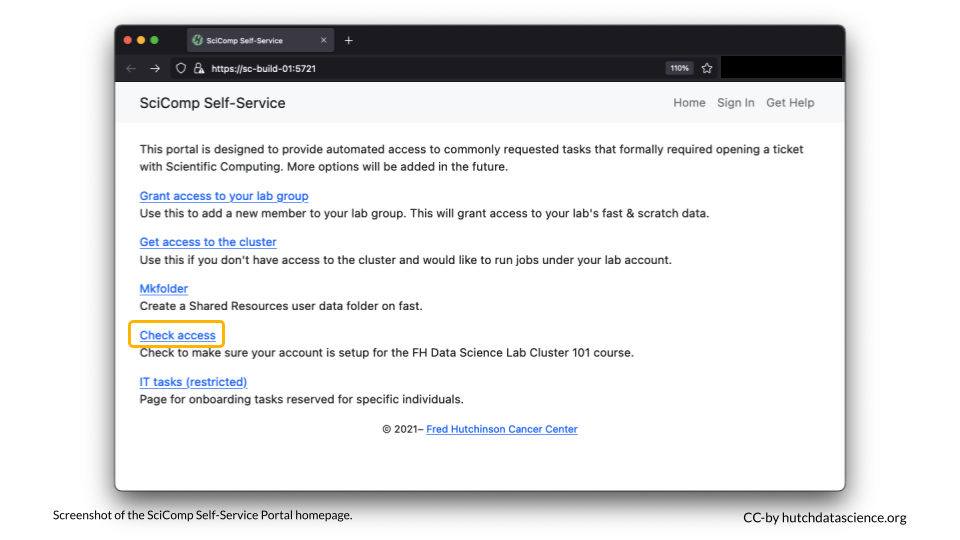 SciComp self-service landing page with links.