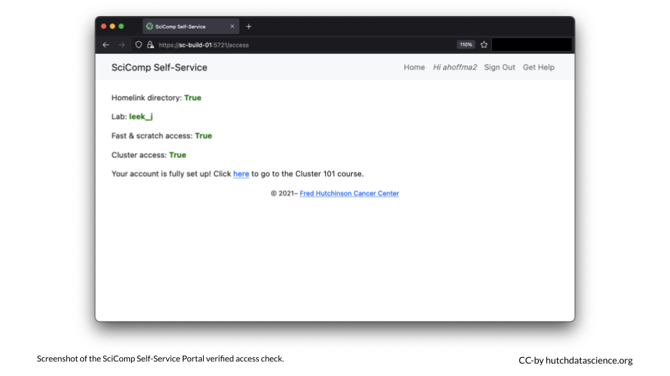 The user has been set up correctly, indicated by cluster access: True.