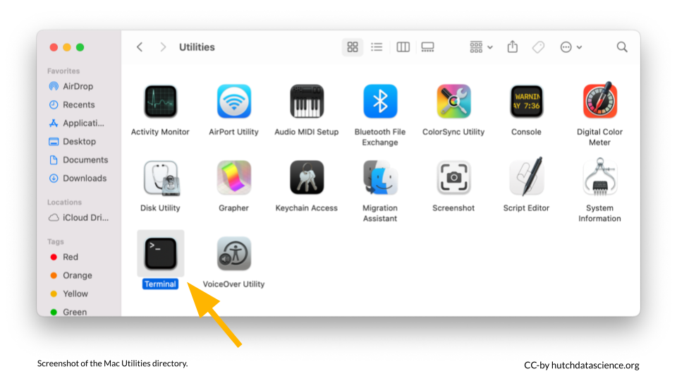 Screenshot of the Utilities directory. The Terminal app is highlighted.