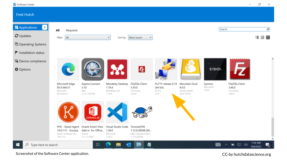 The Software Center application lists available apps, including PuTTY.