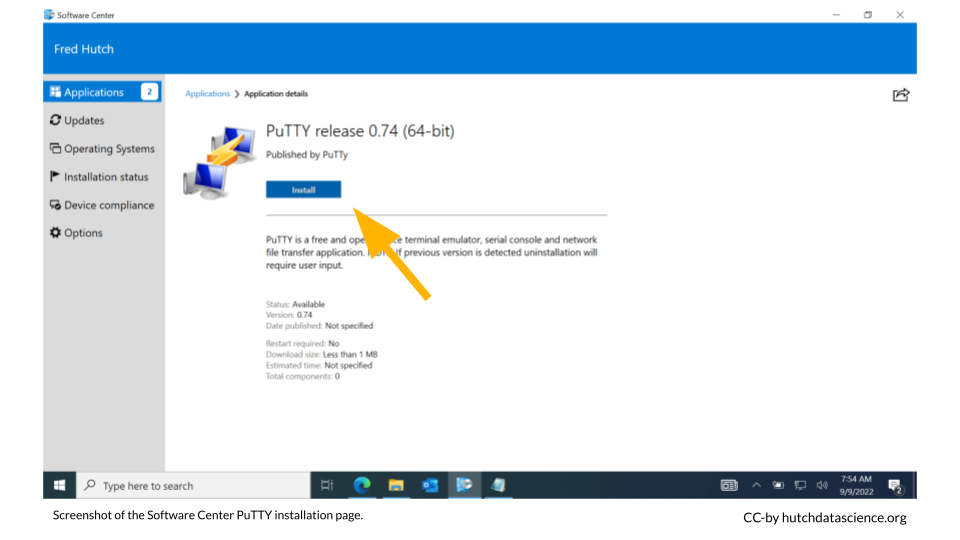 The PuTTY page inside Software Center. The Install button is highlighted.