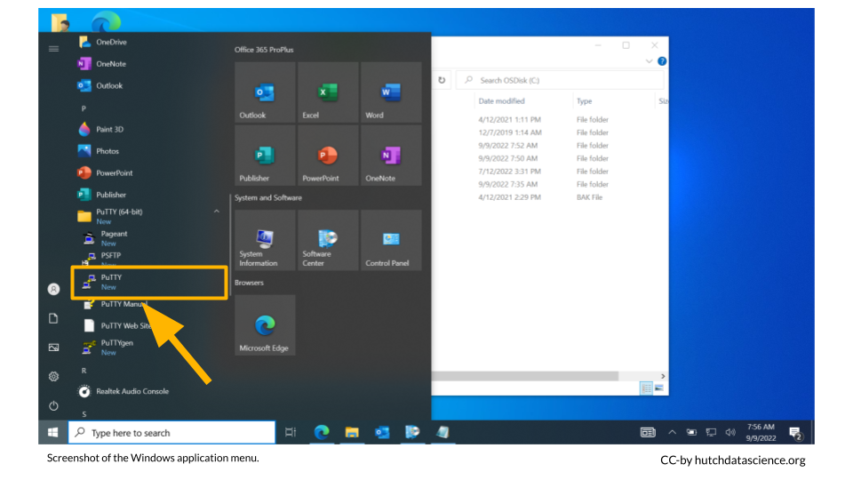 The PuTTY application now appears in the Windows app menu.