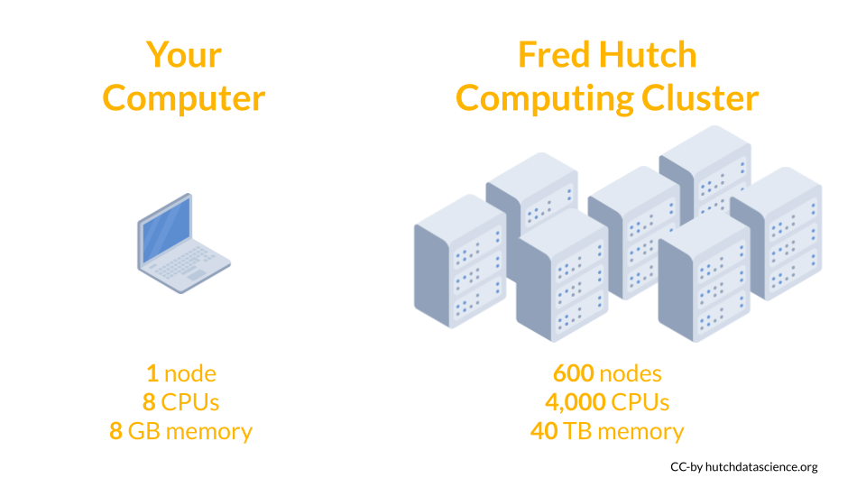 Your computer has 1 node, 8 CPUs, and 8 gigabytes of memory. The Hutch cluster has nearly 600 nodes, 4000 CPUs, and 40 terabytes of memory.
