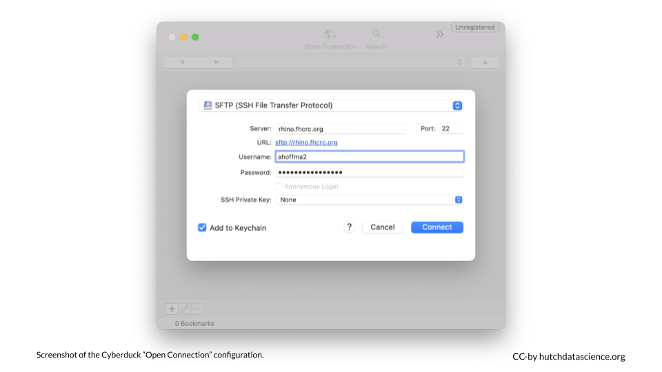 Screenshot of Cyberduck “Open Connection” configuration.