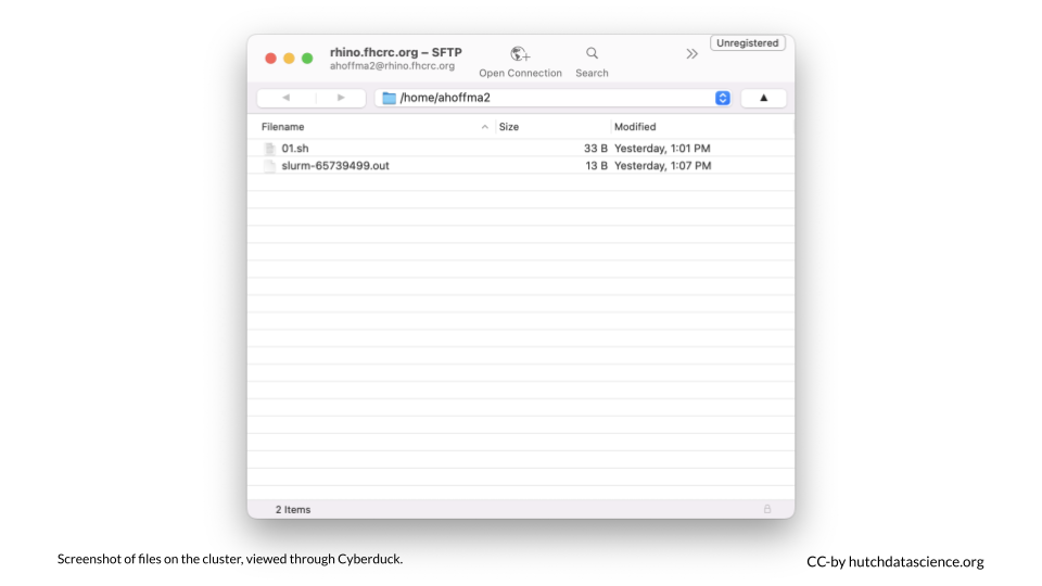 Files, including the script we previously ran, can be accessed via Cyberduck.