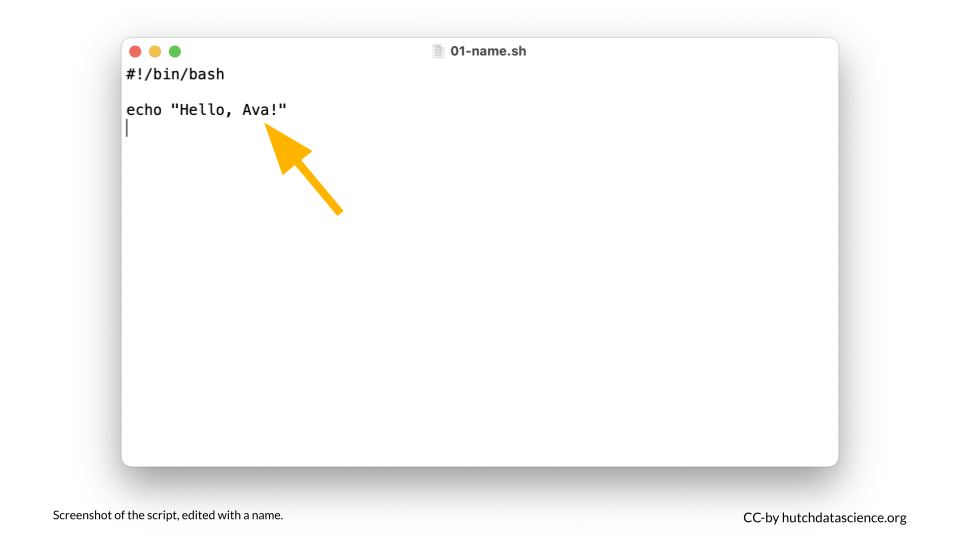 Screenshot of the edited and renamed script file contents. The contents of the script now reads "Hello, Ava!".