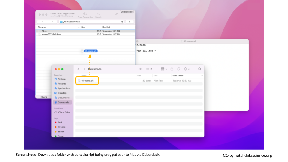 Screenshot of local and Cyberduck files, depicting the dragging that transfers the file over.