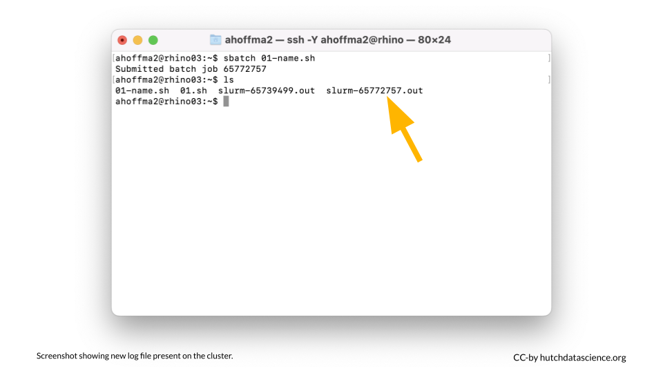 After running the newly edited script, there is a new log file present on the cluster.