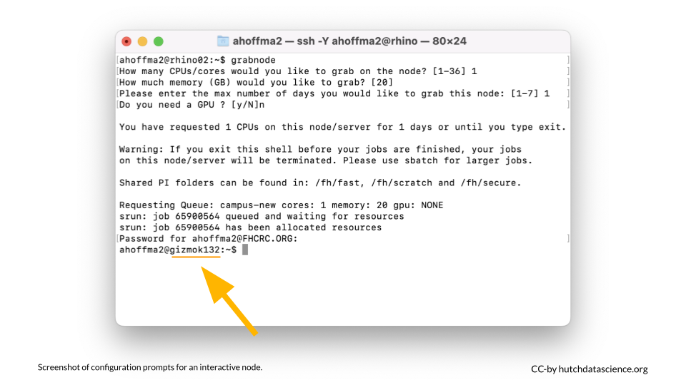 Configuration prompts for interactive node log the user in to gizmo.