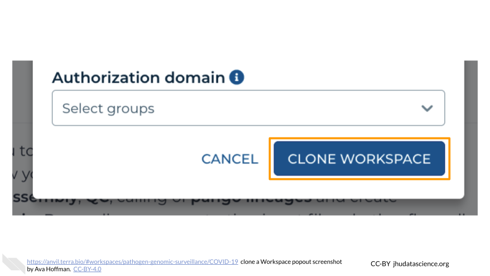 Screenshot of Terra popup dialog box for creating a new Workspace. The 'Clone Workspace' button is highlighted.
