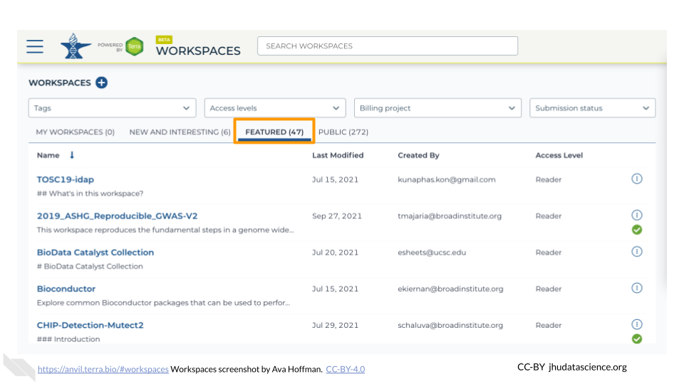 Screenshot of Terra 'My Workspaces' menu. The 'FEATURED' tab is highlighted.
