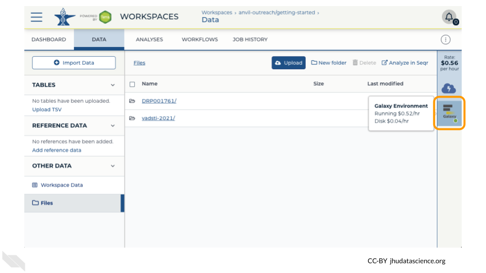 Screenshot of the Workspace menu. The currently running Galaxy cloud environment logo on the right sidebar is highlighted.