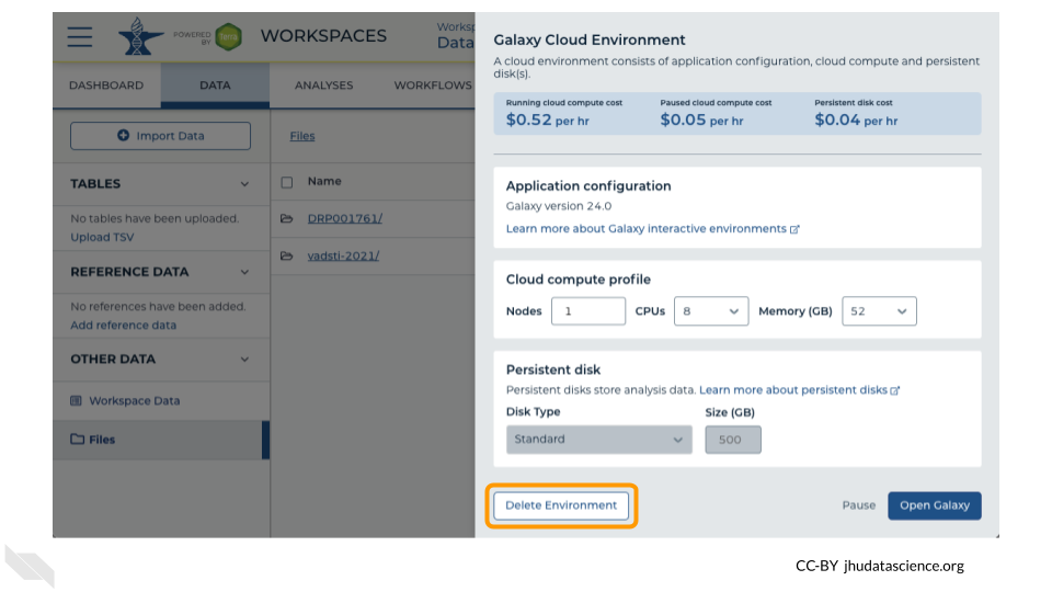 Screenshot of the cloud environment pop out menu. The "Delete Environment" button is highlighted.