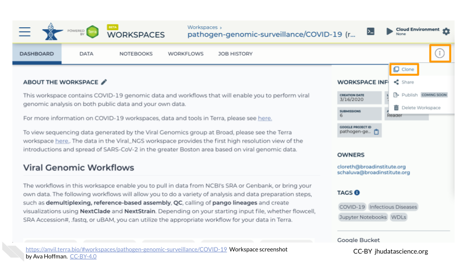 Screenshot of the Dashboard for the Workspace that we want to clone. The teardrop button has been clicked to bring up the options. The "Clone" option from the list is highlighted.