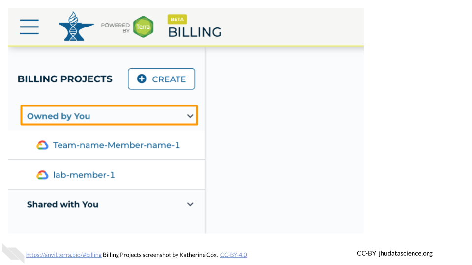 Screenshot of the Terra Billing Projects menu.  The submenu "Owned by you" is highlighted and has been expanded, showing a list of Billing Projects below.