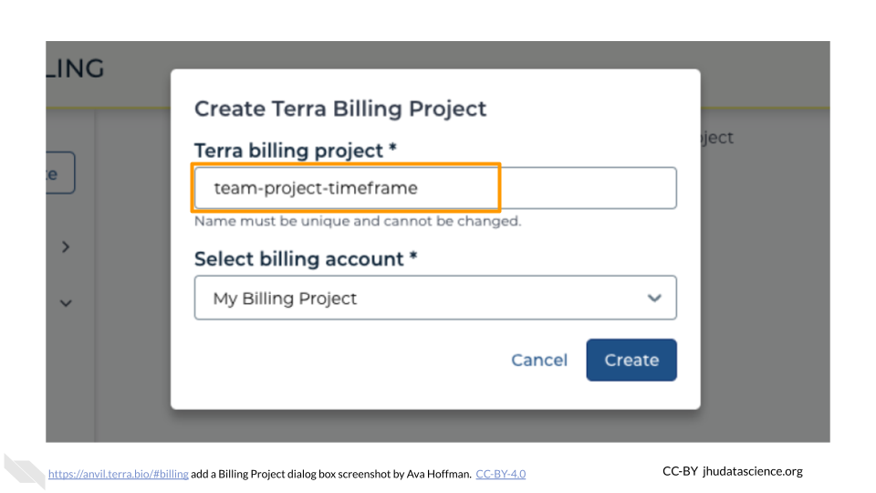 Screenshot of the Terra Add Billing Project dialog box.