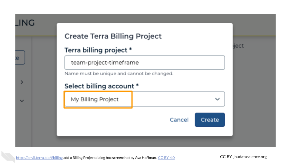 Screenshot of the Terra Add Billing Project dialog box.  The dropdown menu labeled "Select billing account" is highlighted.