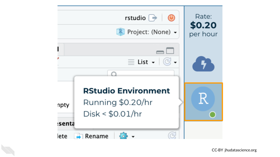 Screenshot of the cloud environment panel.  The RStudio icon is highlighted.