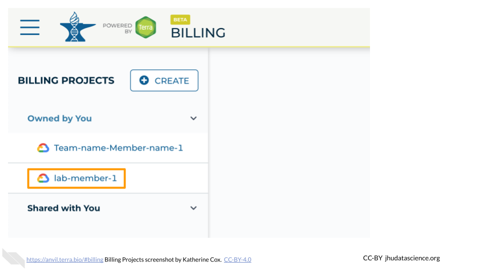 Screenshot of the Terra Billing Projects menu.  The submenu has been expanded, and the name of one of the Billing Projects is highlighted.