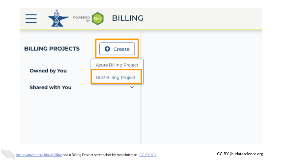 Screenshot of the Terra Billing Page.  The "plus" button next to "Billing Projects" is highlighted.