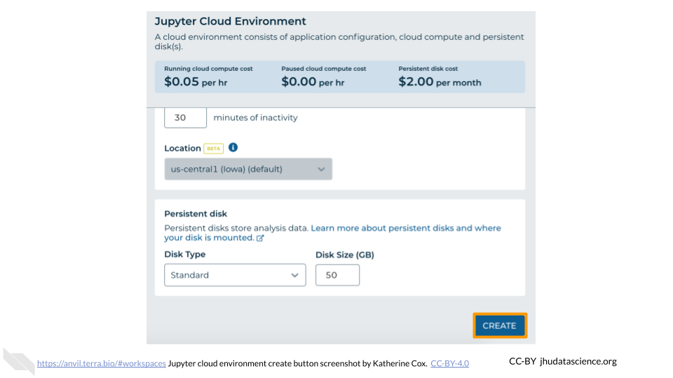 Screenshot of the Jupyter Cloud Environment dialogue box. The "CREATE" button is highlighted.