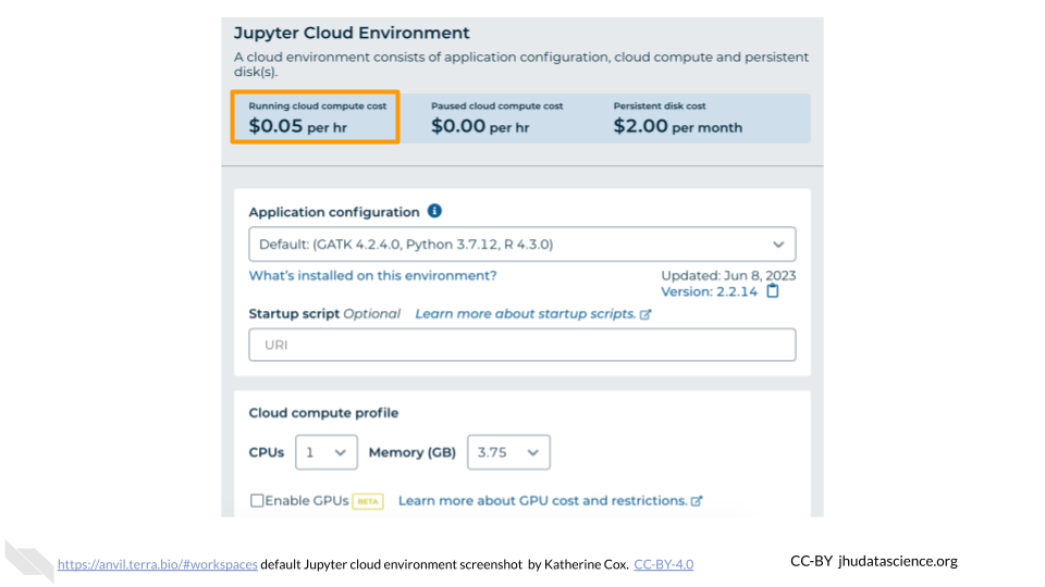 Screenshot of the Jupyter Cloud Environment dialogue box. The cost to run the environment is highlighted.