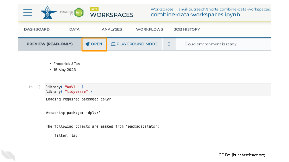 Screenshot of a preview of a Jupyter Notebook in a Terra Workspace.  The "OPEN" button is highlighted.