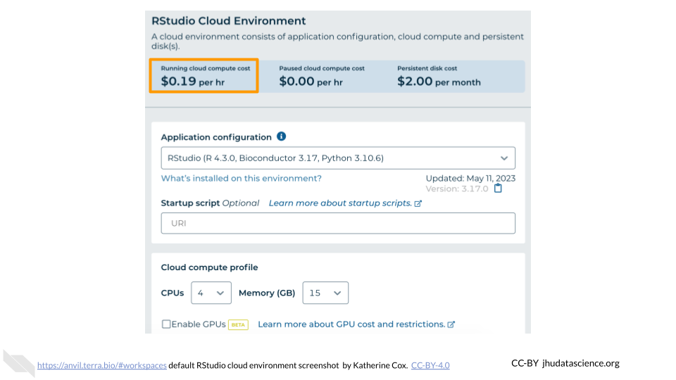 Screenshot of the RStudio Cloud Environment dialogue box. The cost to run the environment is highlighted.