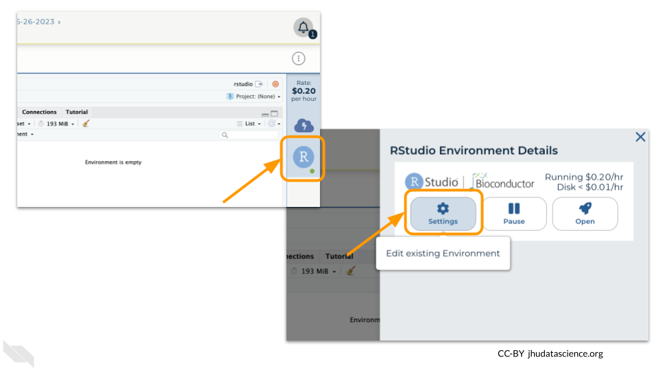 Screenshot of the Workspace page. The RStudio icon associated with the cloud environment is highlighted. The Settings button is also highlighted