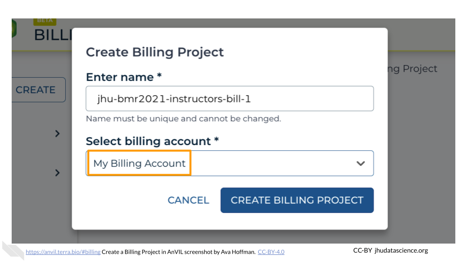 Screenshot of the Terra Billing page with Create Billing Project pop out box. The appropriate billing account name, My Billing Account, is highlighted.