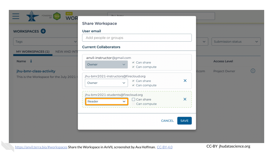 Screenshot of the share Workspace pop out box. The student Group, in this case jhu-bmr2021-students@firecloud.org, has been added as a collaborator. The permissions are highlighted and show that role is "Reader".