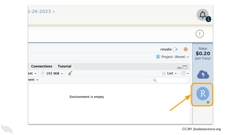 Screenshot of the RStudio interface. The icon on the right showing that the cloud environment is running is highlighted.