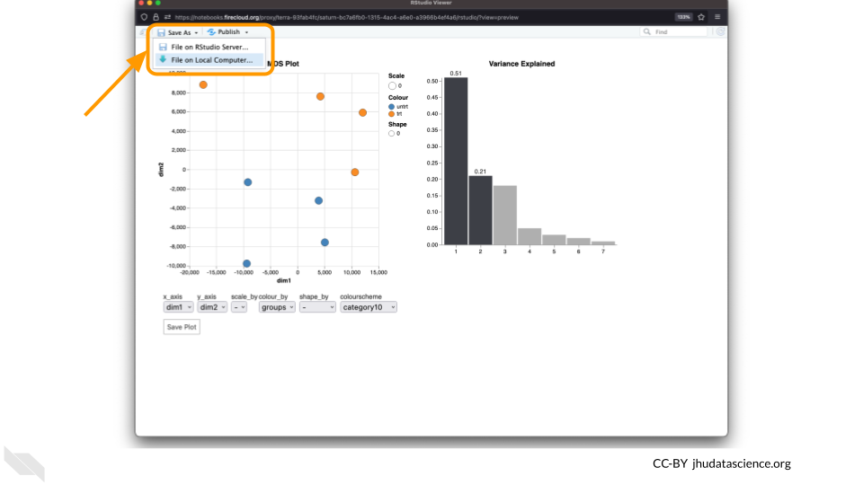 Screenshot of the Glimma popout showing the data in an MDS plot. The Save As menu is highlighted.