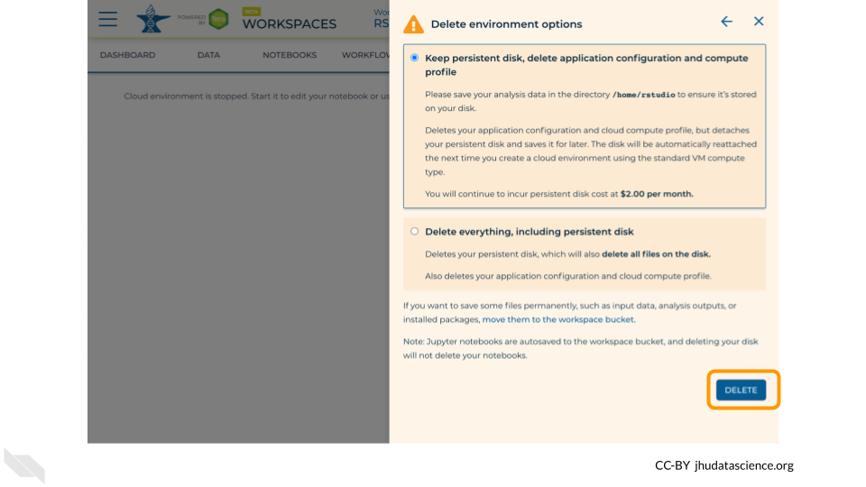 Screenshot of the cloud environment popout. "Delete" is highlighted.