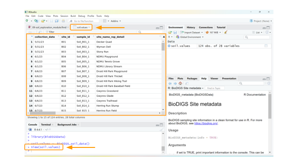 You can click on the object in the Environment tab to open a new window that allows you to scroll through the loaded dataset.