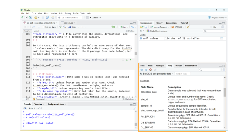 The data dictionary shows up under the Help tab.