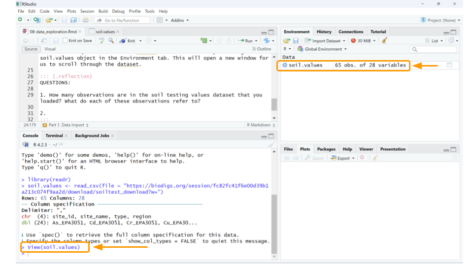 If the dataset loaded, you will see an object with non-zero observations and variables in the Environment tab