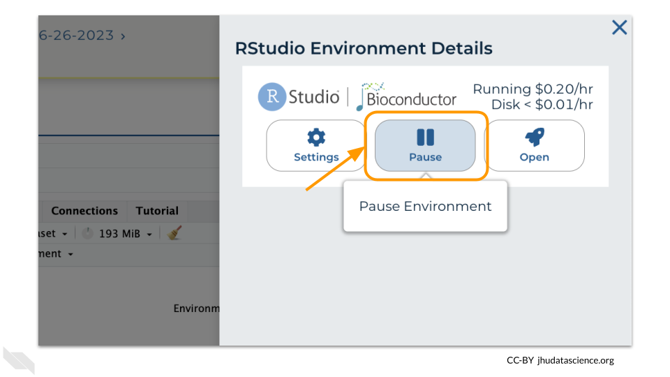 Screenshot of the RStudio interface. The stop icon on the top right which stops the cloud environment is highlighted.