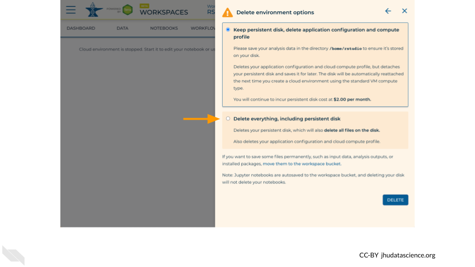 Screenshot of the cloud environment popout. "Delete everything, including persistent disk" is highlighted.