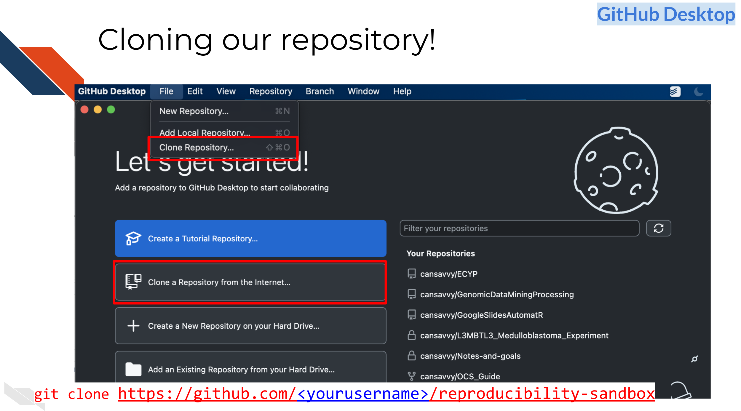 the menu buttons to clone a repository in GitHub Desktop, as well as the link that should be used- the link of the repository you just created from copying the template