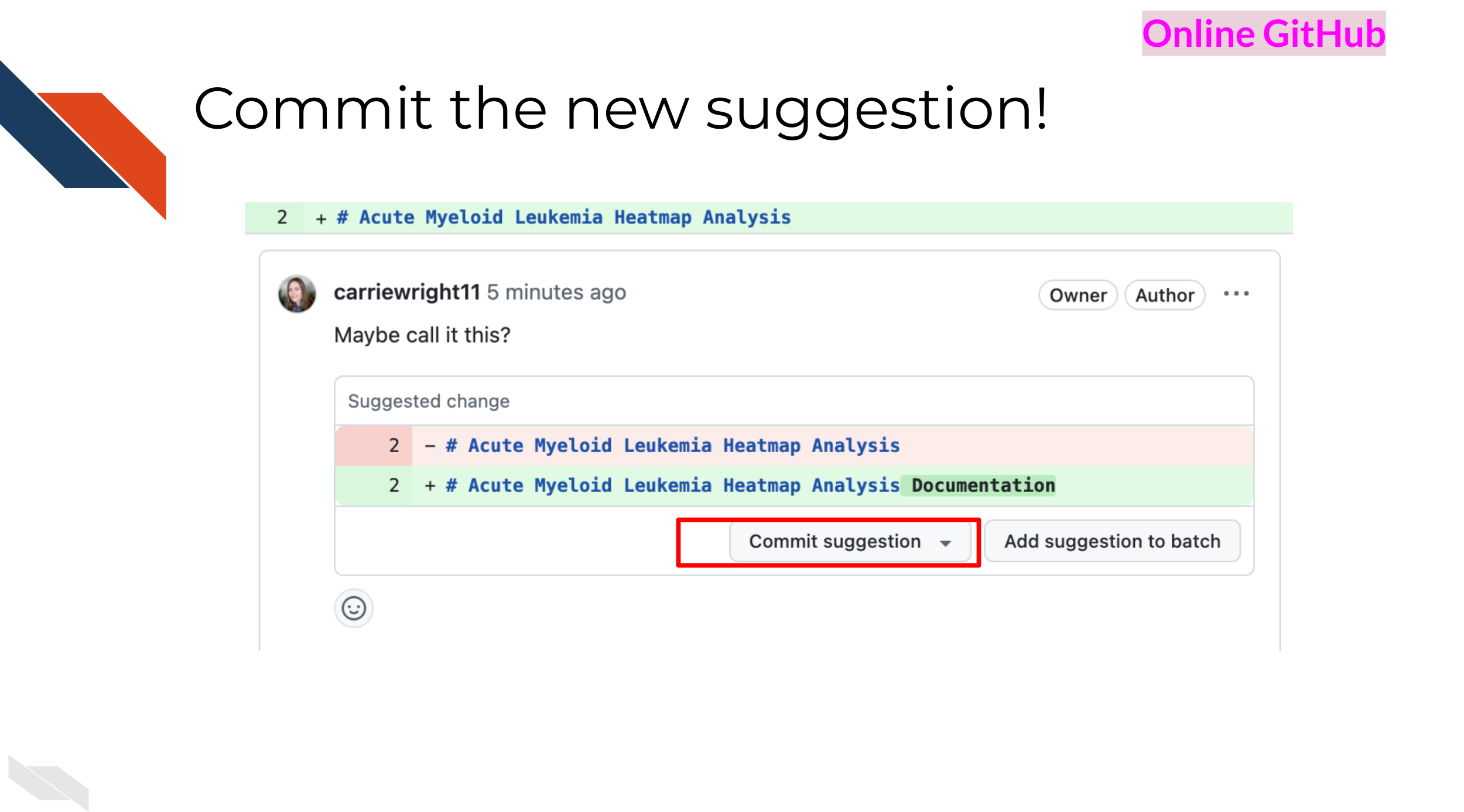 The commit changes button for a suggestion