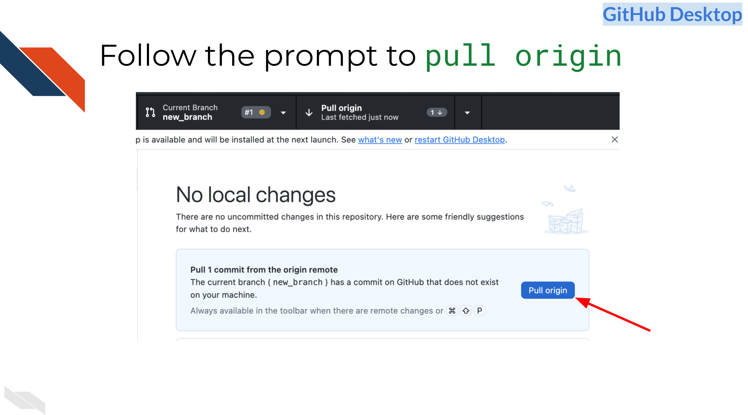 The pull origin button in GitHub Desktop