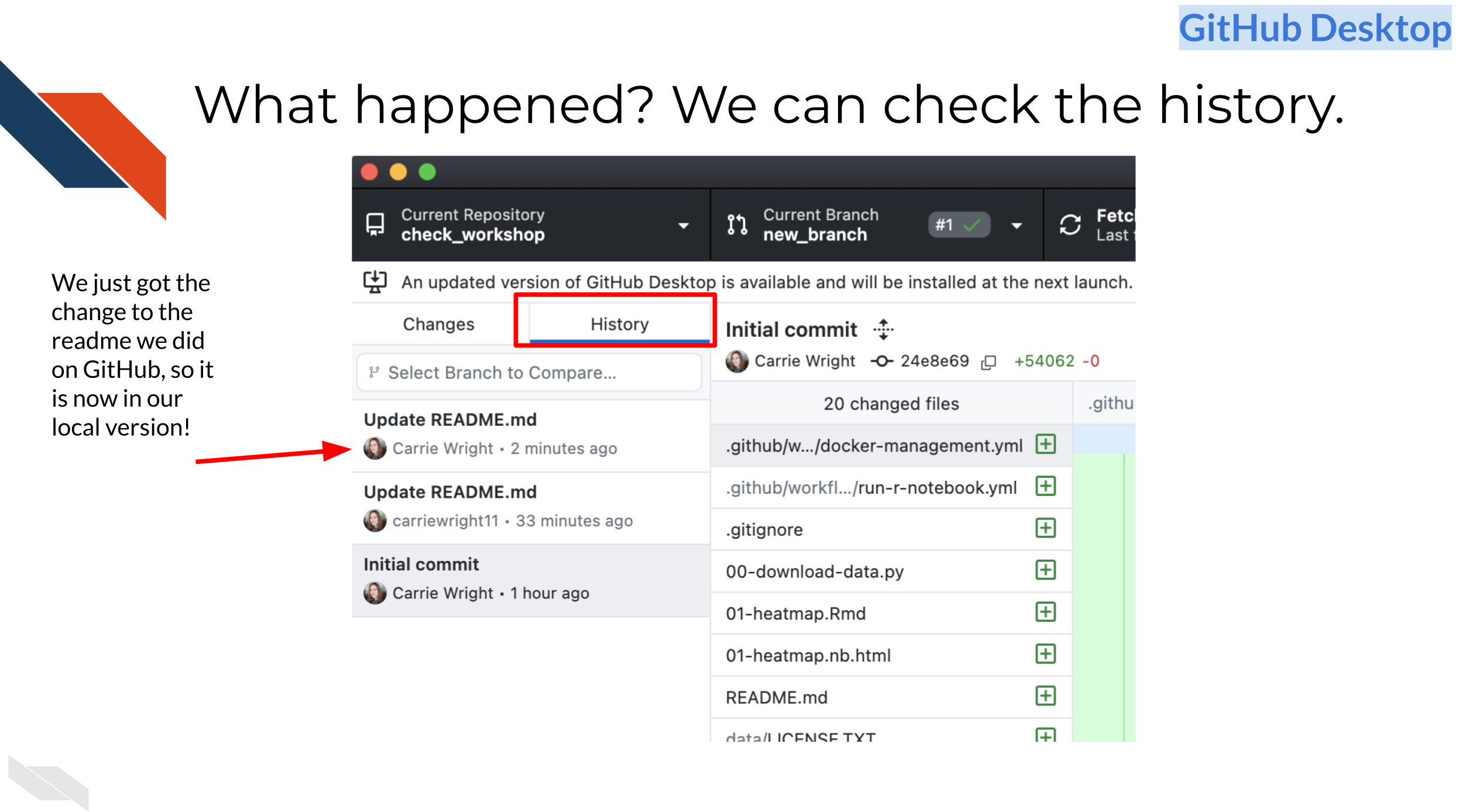 The History tab on the left top of GitHub Desktop