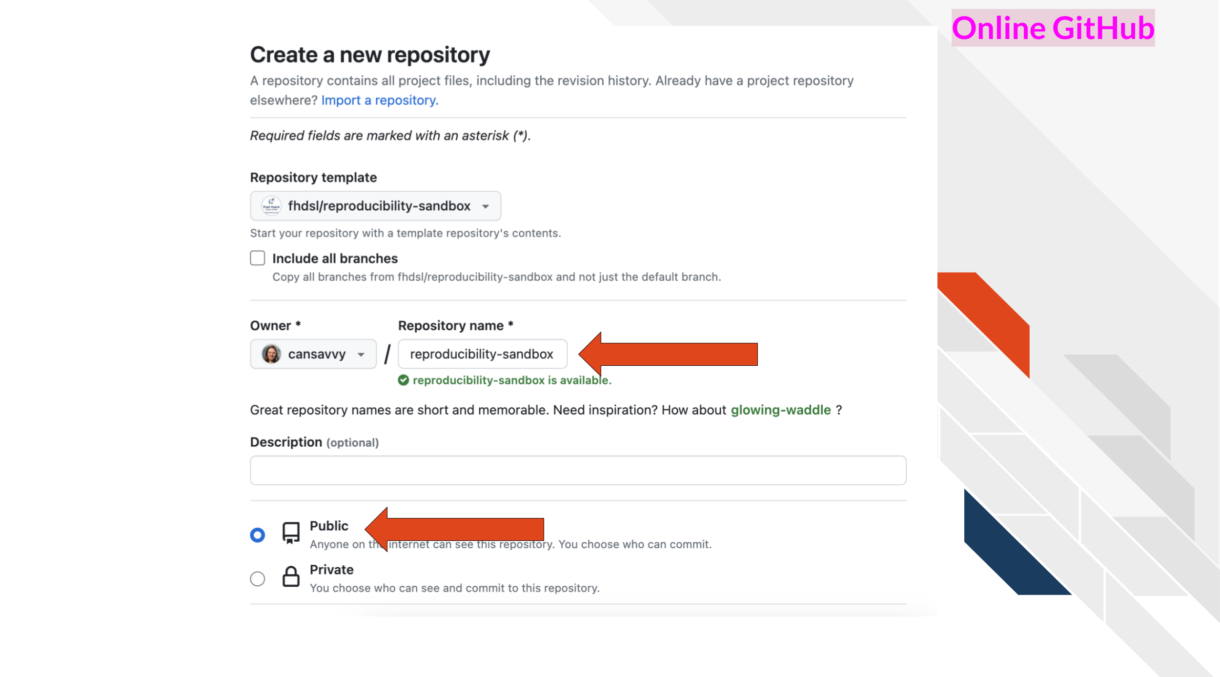 screenshot of setting up the respository by naming it and setting it to public