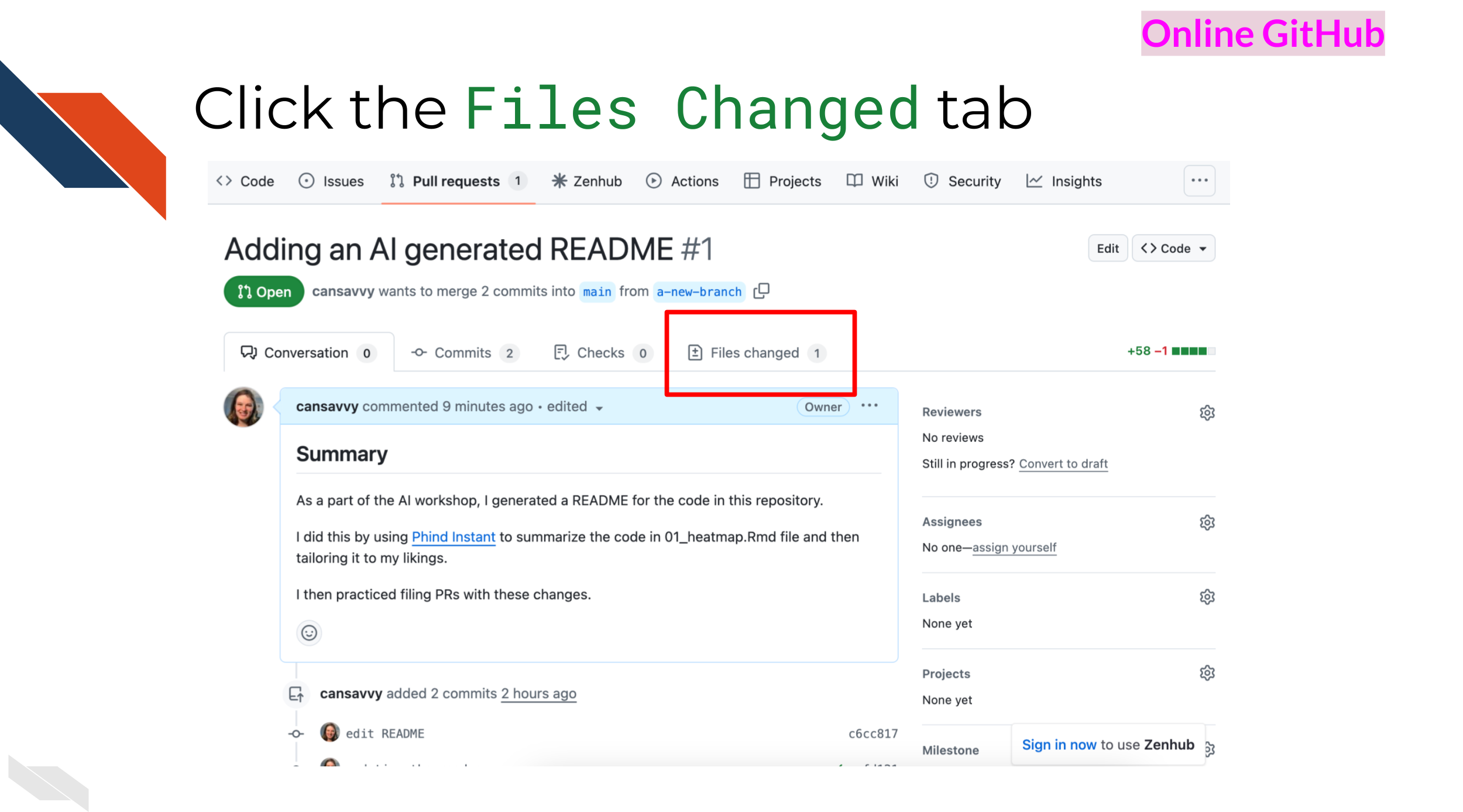Pull Requests on GitHub.com, the files changed ta