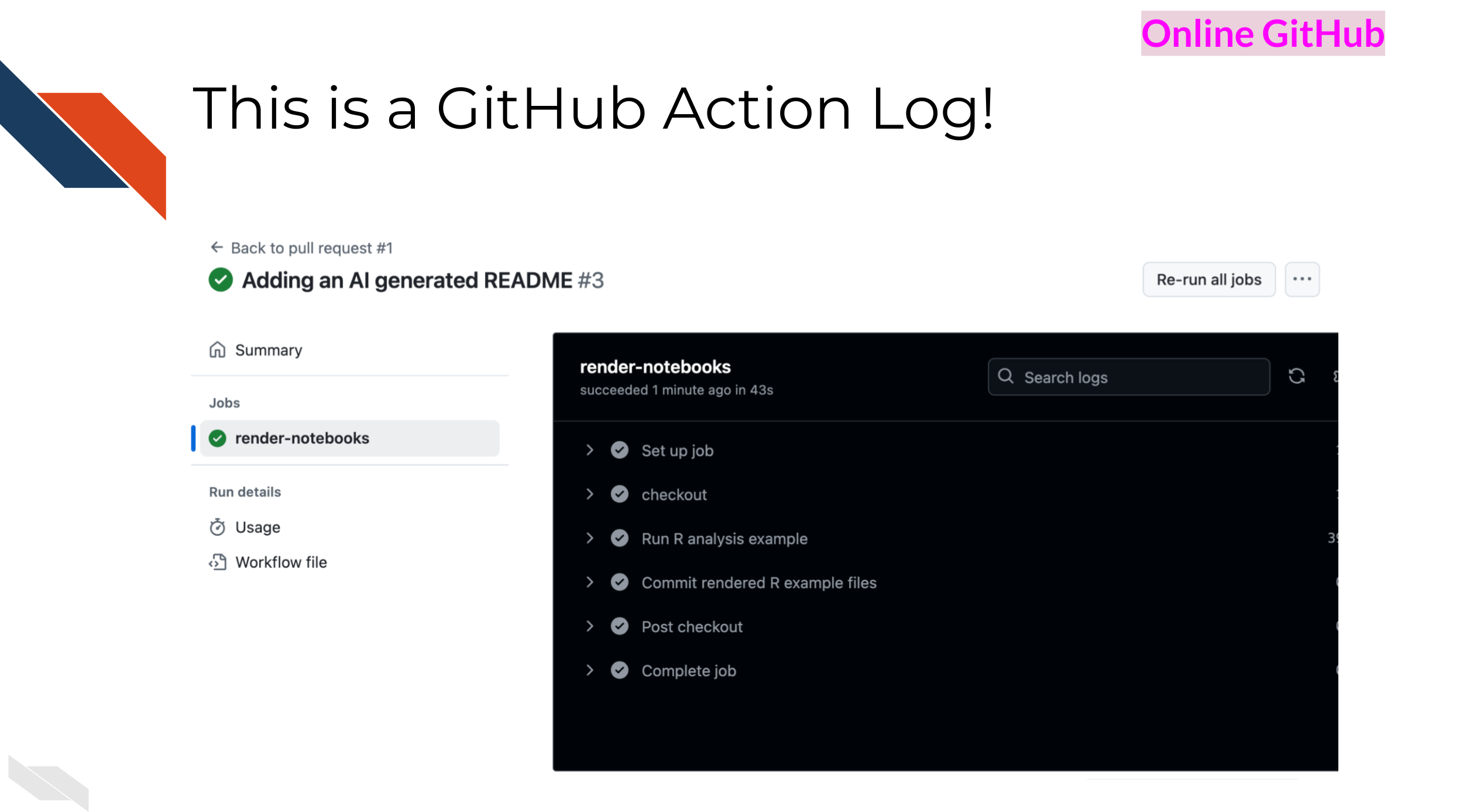 Example of a GitHub action log which shows various steps and a green check mark for succesfully run actions